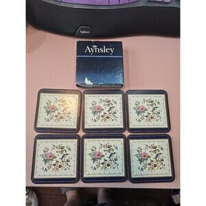 Set of 6 Aynsley PEMBROKE Square Coasters Acrylic Finish England Birds Floral